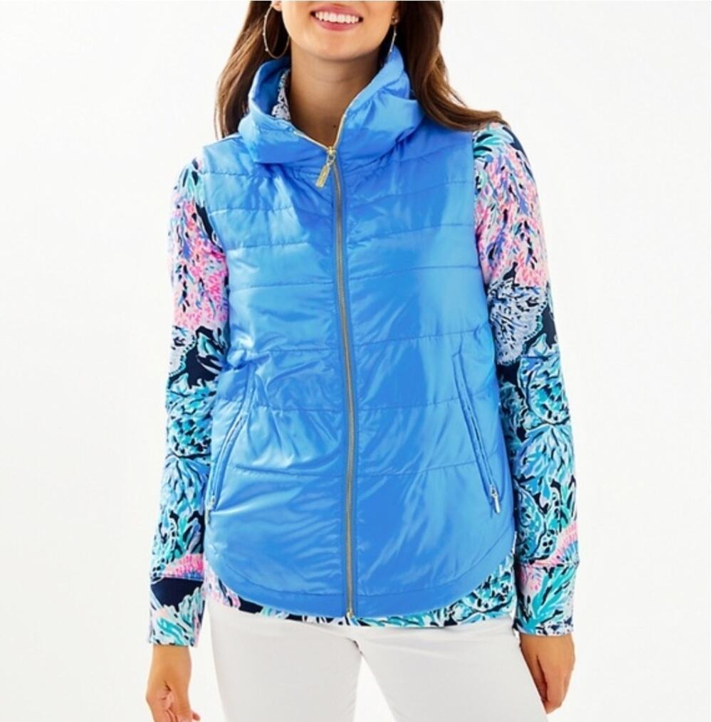 NWT Lilly Pulitzer Palm Paradise Vest Size M Zanzibar Blue Down Puffer Gold Zip